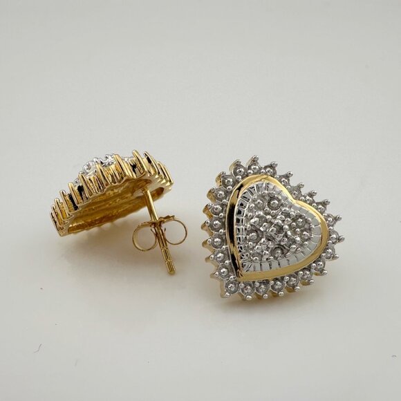 Two Tone Diamond Heart Stud Earrings in Sterling with 14 kt Gold Overlay - Picture 5 of 15